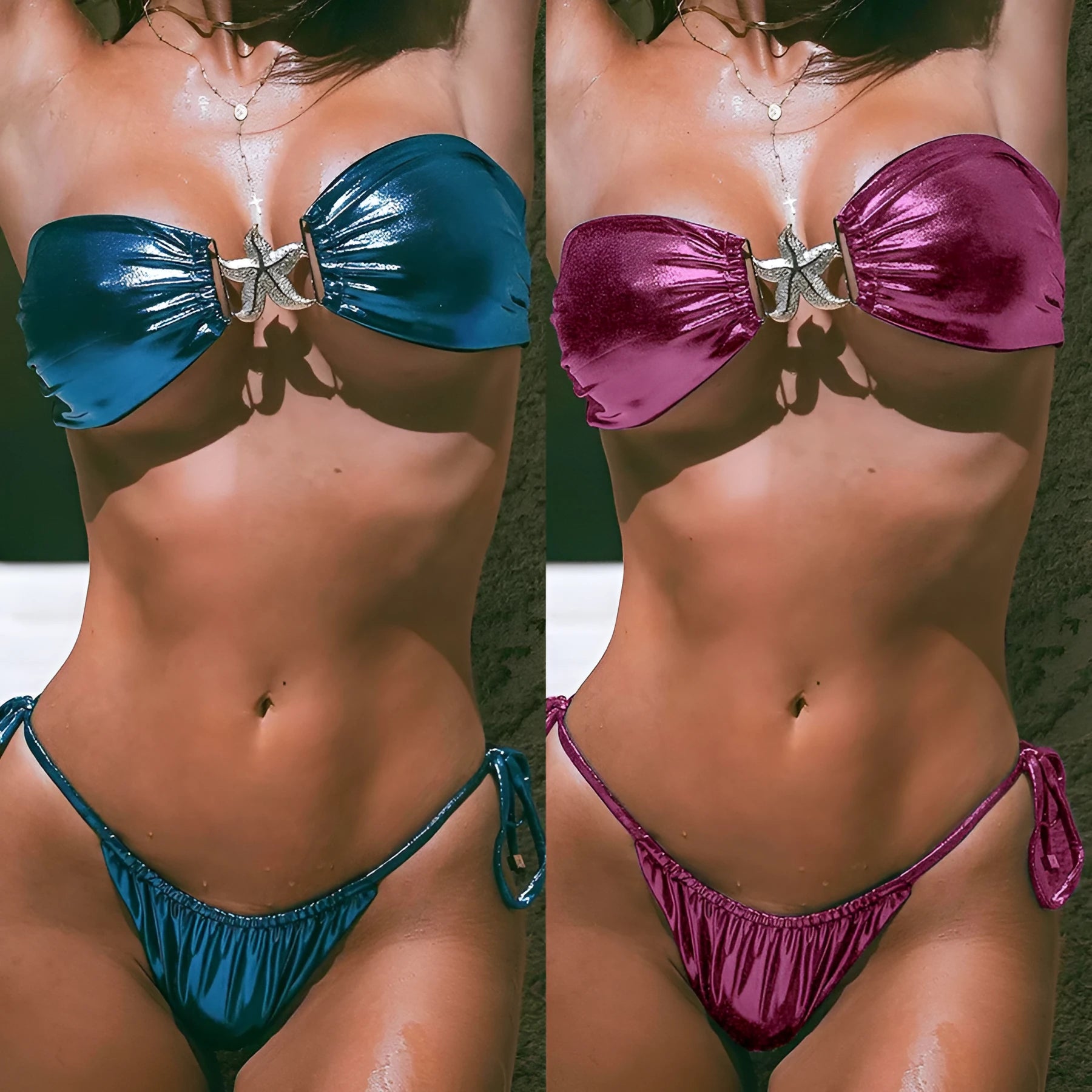 Women's glossy sapphire blue bikini with gold starfish print, showing backless two-piece design.