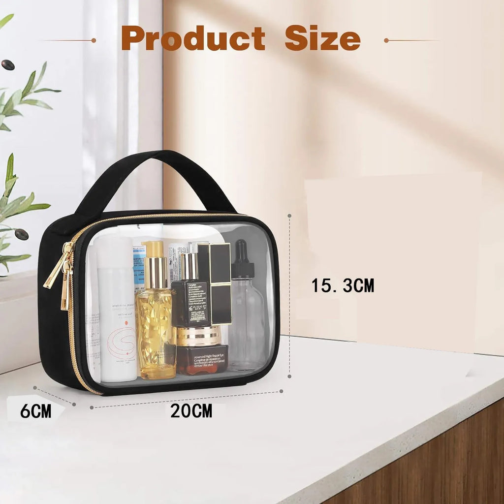 Transparent PVC cosmetic wash bag with chain handle showing interior contents