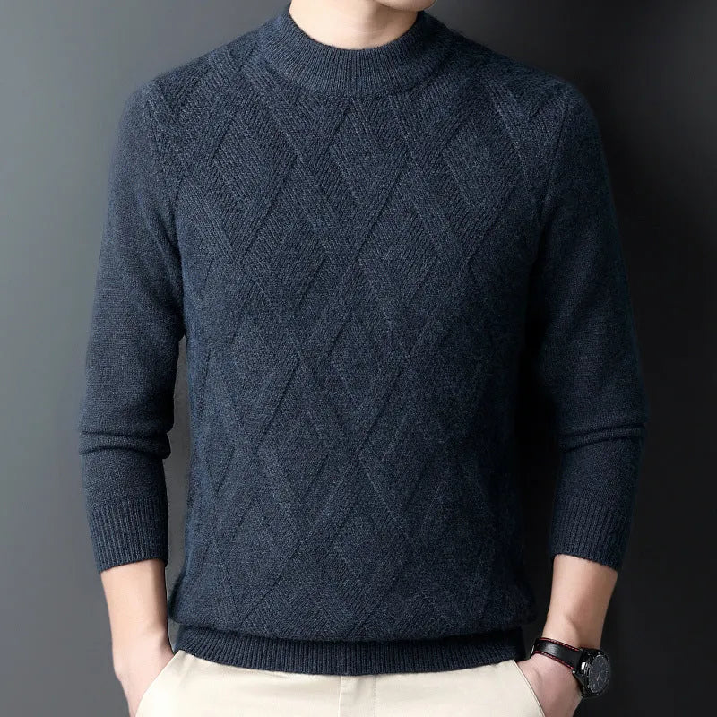Men's diamond jacquard knit winter sweater in wool polyester blend, showing texture and pullover style