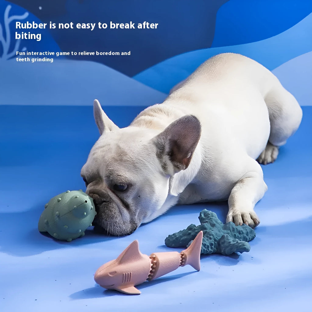 Deep Sea Shark shaped rubber dog chew toy in blue and green colour options.