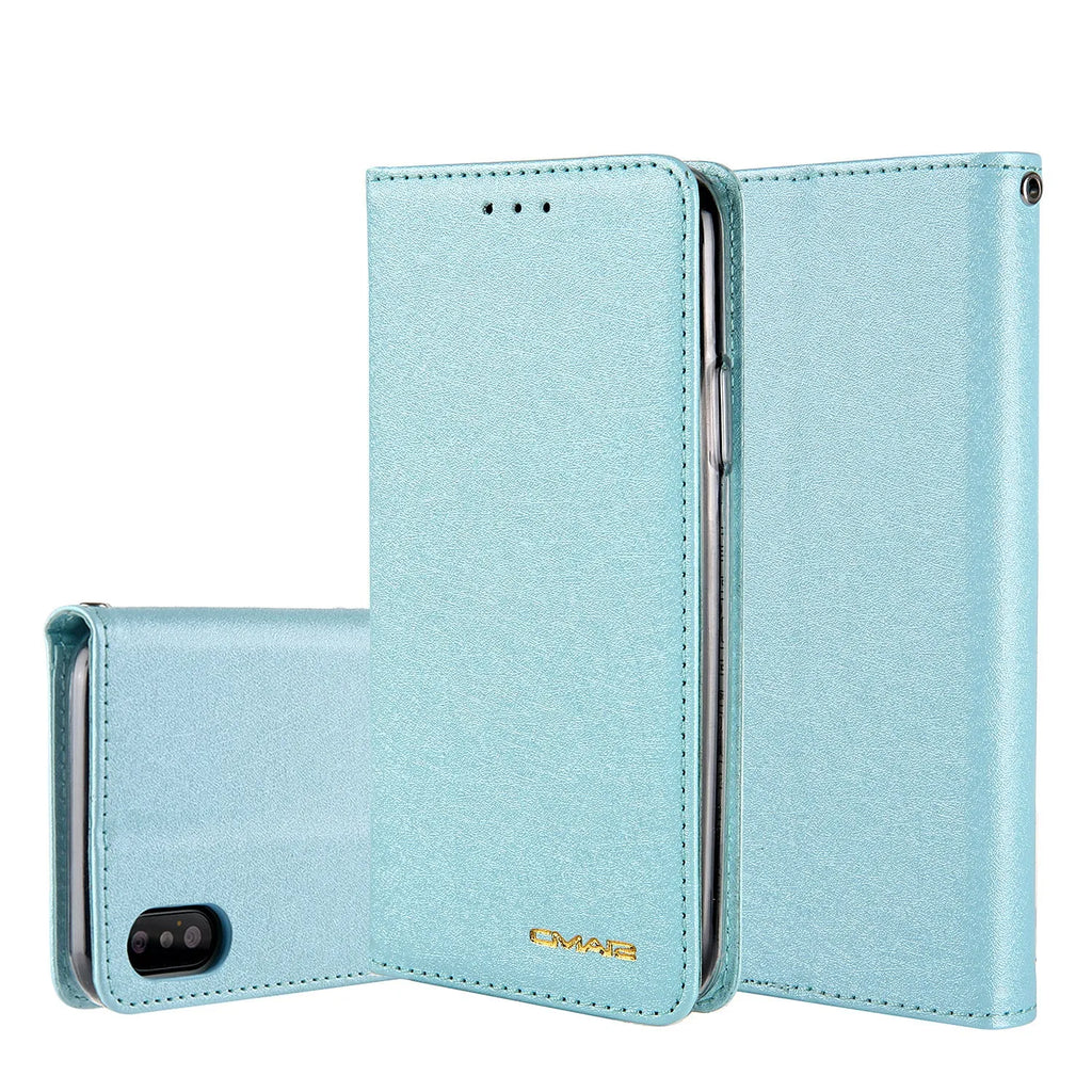 PU leather flip phone case for Apple iPhone with integrated card slots in multiple colours.