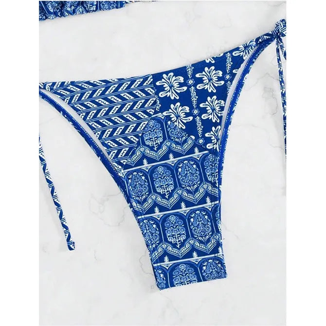 Women's polyester split bikini swimsuit with bandage-style stitching in multiple colour options