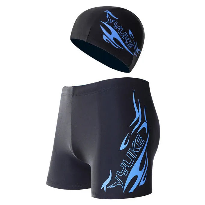 Men's plus size black swimming trunks with blue flame pattern, boxer style.