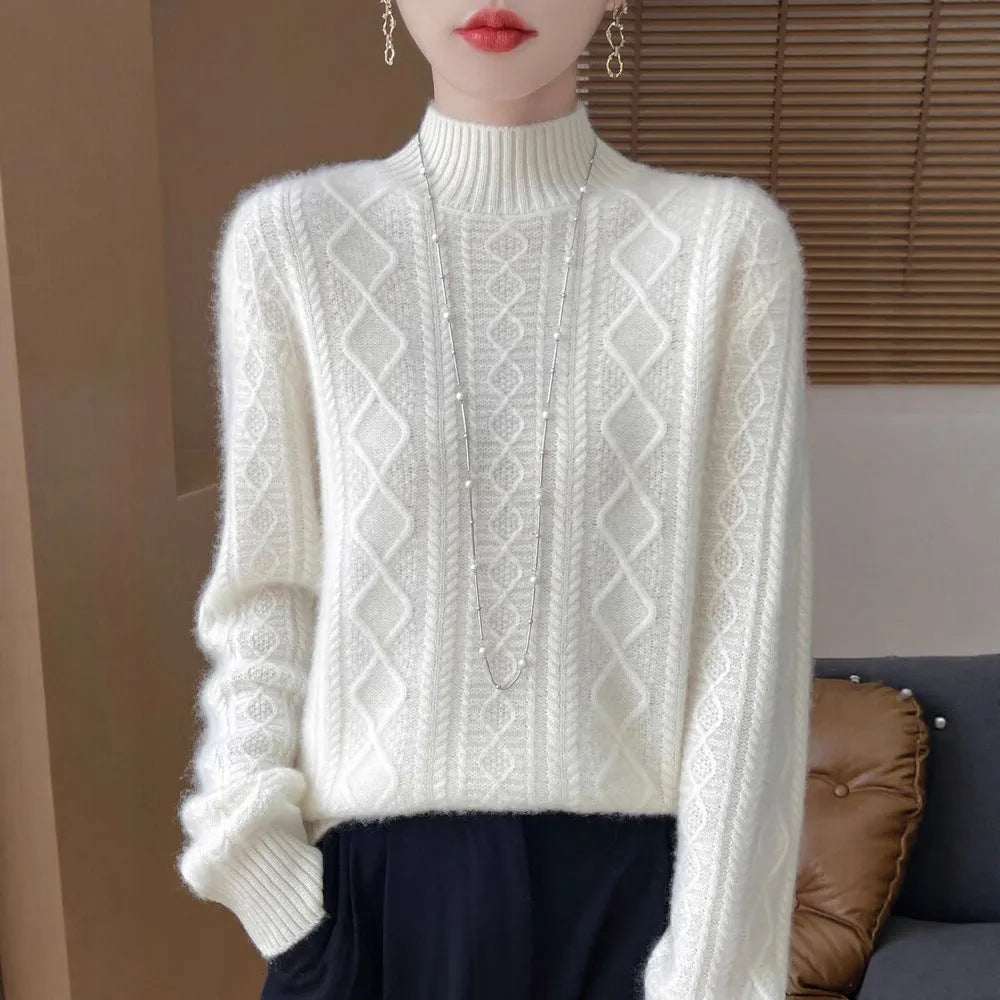Women's semi-high neck loose knit sweater in solid colour with regular sleeves