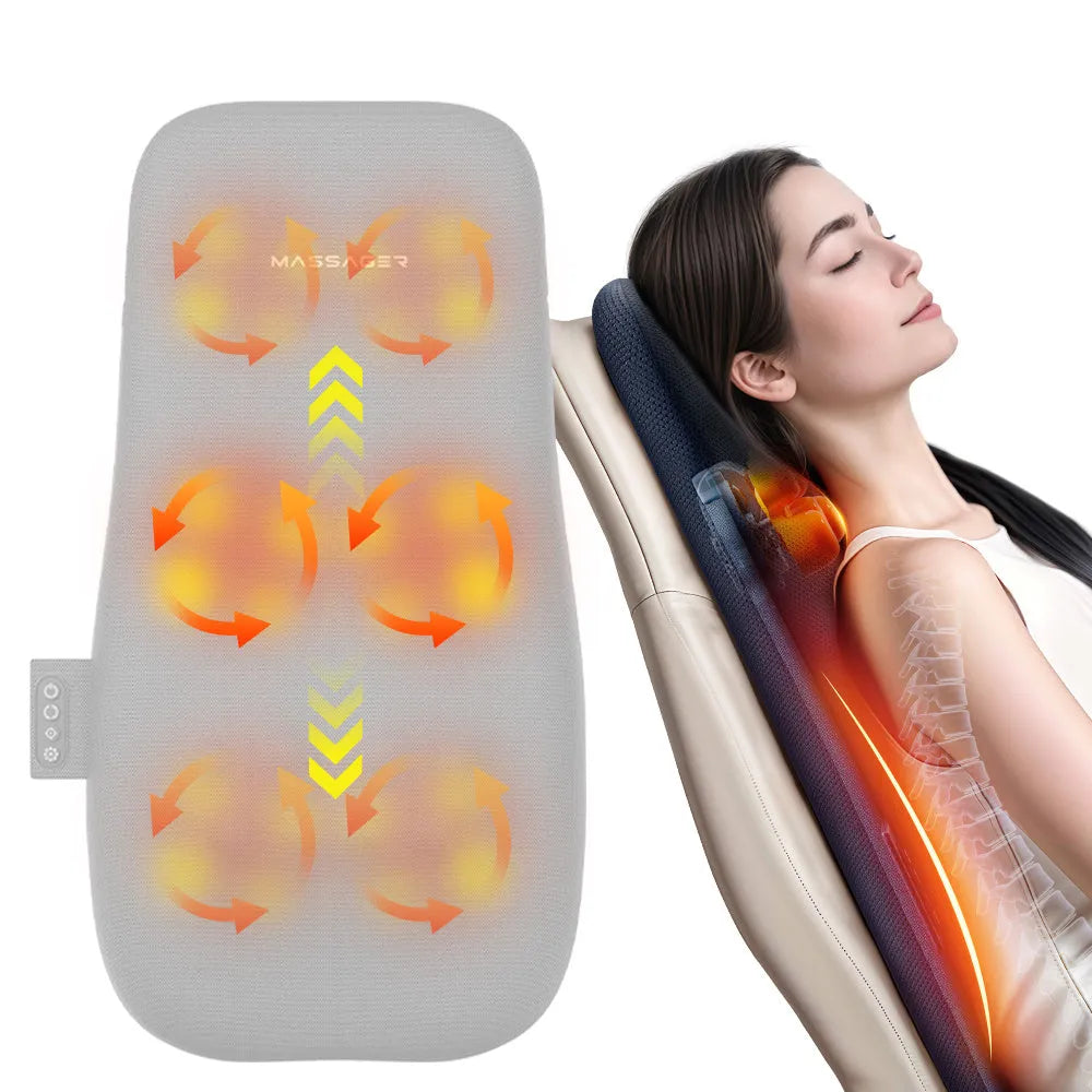 Walking massage lumbar support pillow with heat therapy and control buttons on office chair