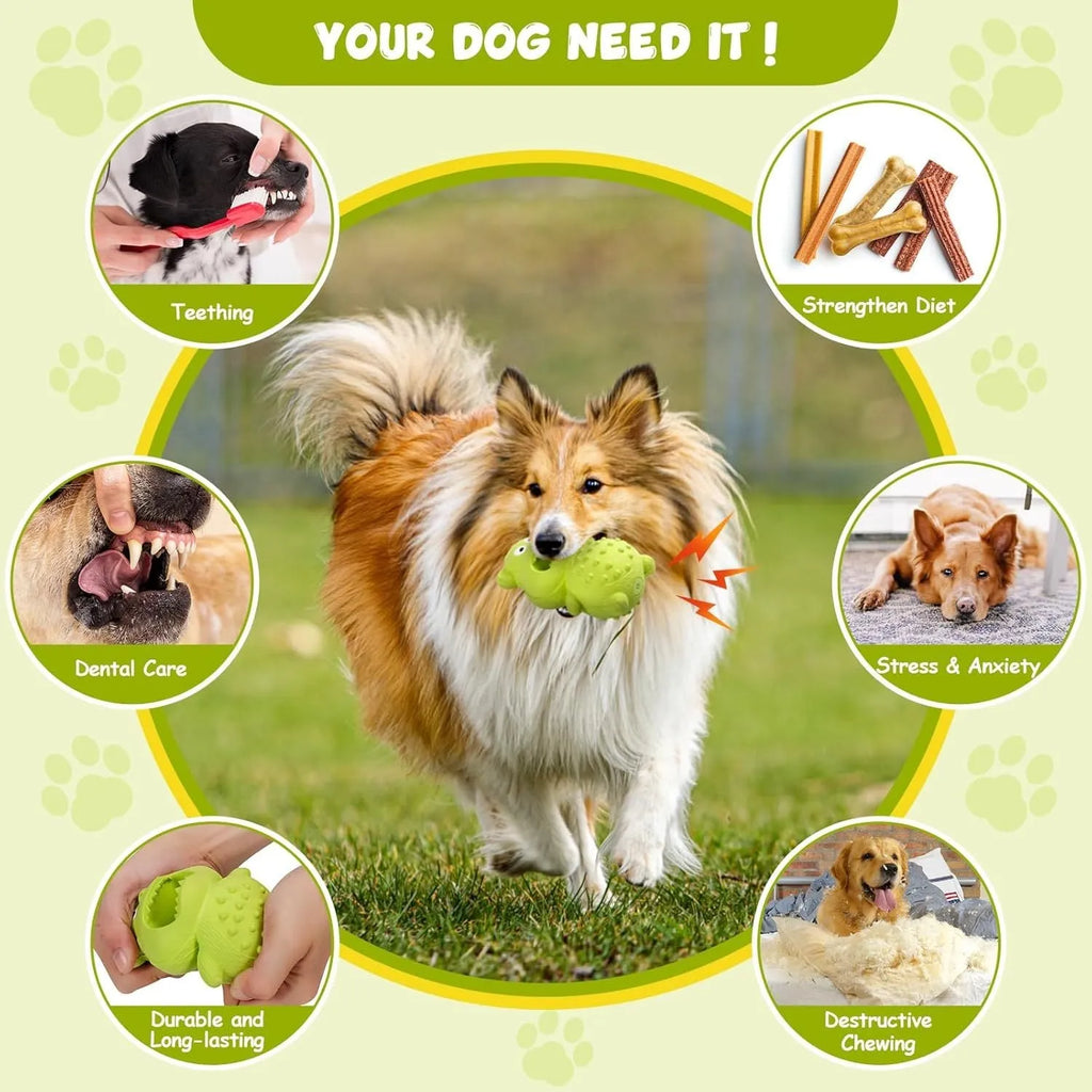 Green and yellow natural rubber squeaky dog toy for aggressive chewers