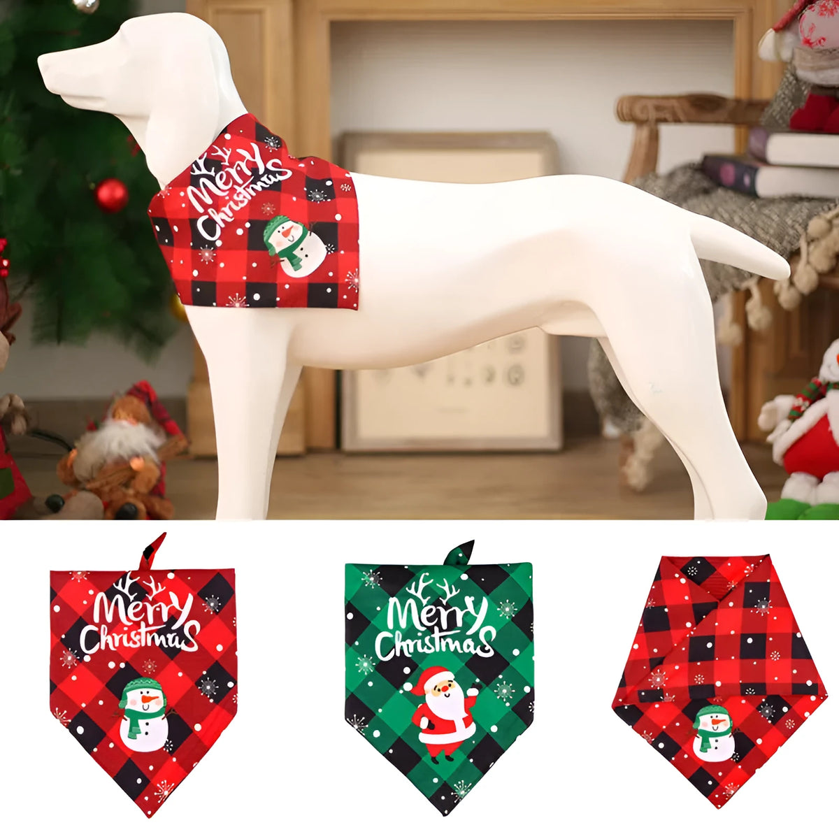 Pure cotton dog bandana with Christmas snowman pattern, 65x45cm, on a medium-sized dog