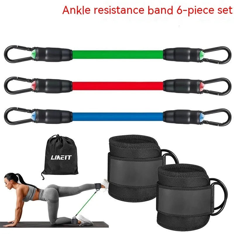 TPE resistance band set with three tension levels, foot loops, and storage bag for yoga and leg exercises