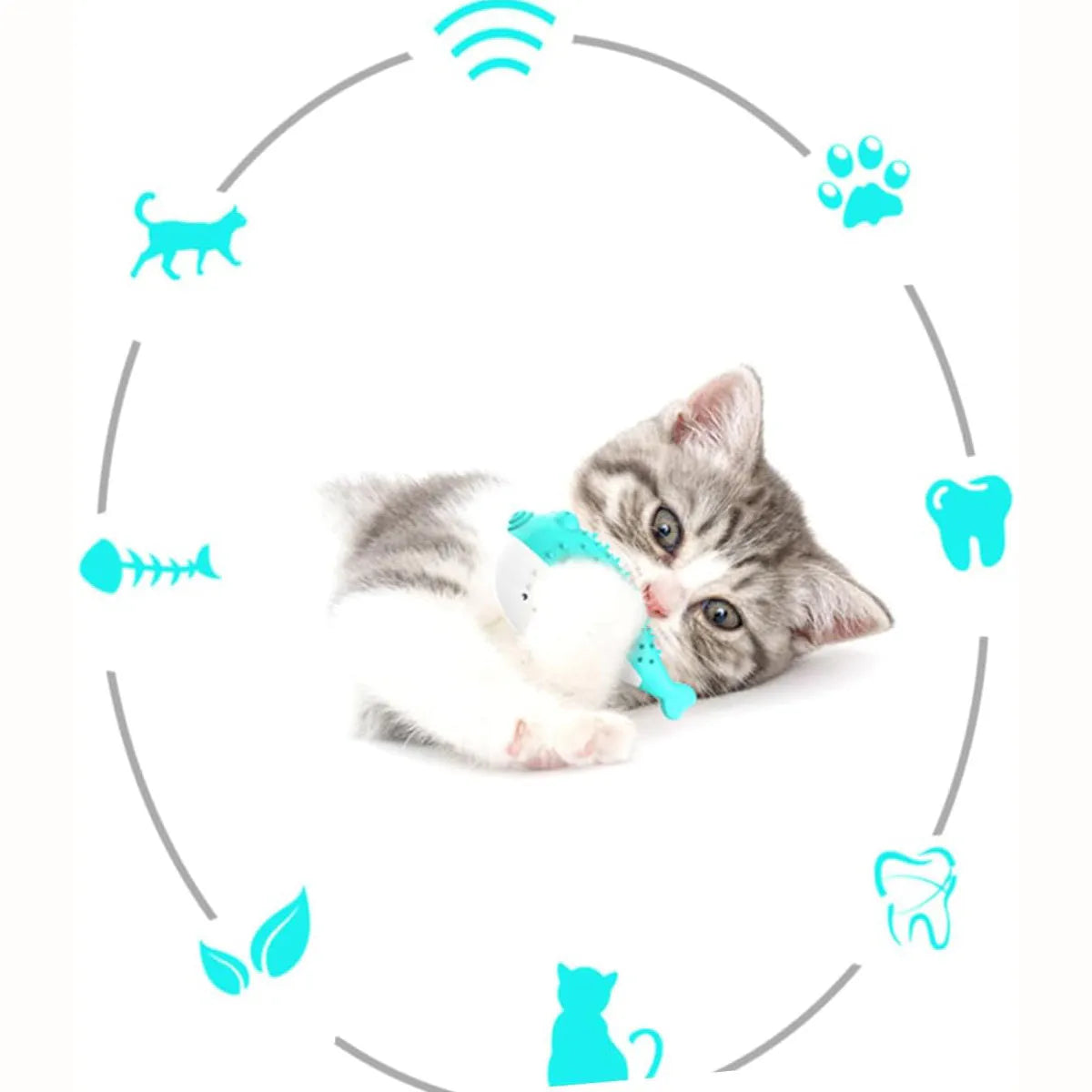Silicone fish chew toy for cats in blue, green, pink or yellow colour options