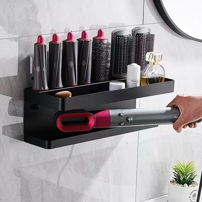 White aluminium punch-free bathroom storage rack with dual layers for hair curlers
