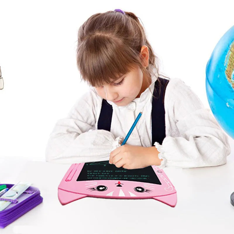 Cartoon children's LCD handwriting drawing board in sky blue, showing a doodle on the 230mm screen with stylus