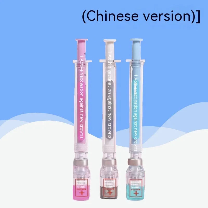 Vaccine themed gel pen with plastic cap, black 0.5mm refill, showing 15.7cm length.