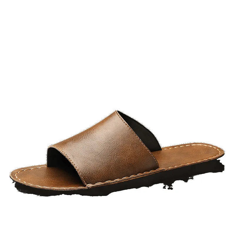 Men's brown and black leather sandals with a rubber sole, shown on a size guide from UK 38 to 48.