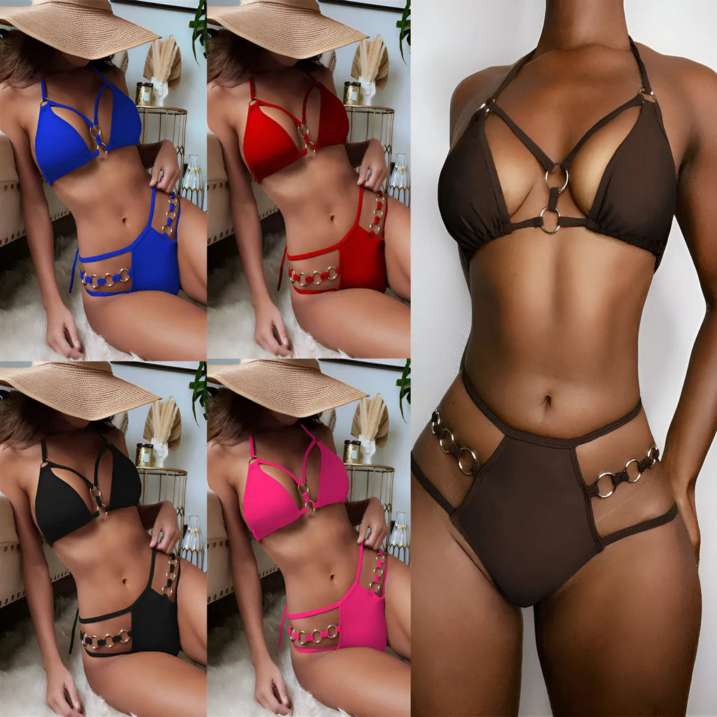 Women's separated nylon bikini set in red, black, brown, rose red, or sapphire blue colours