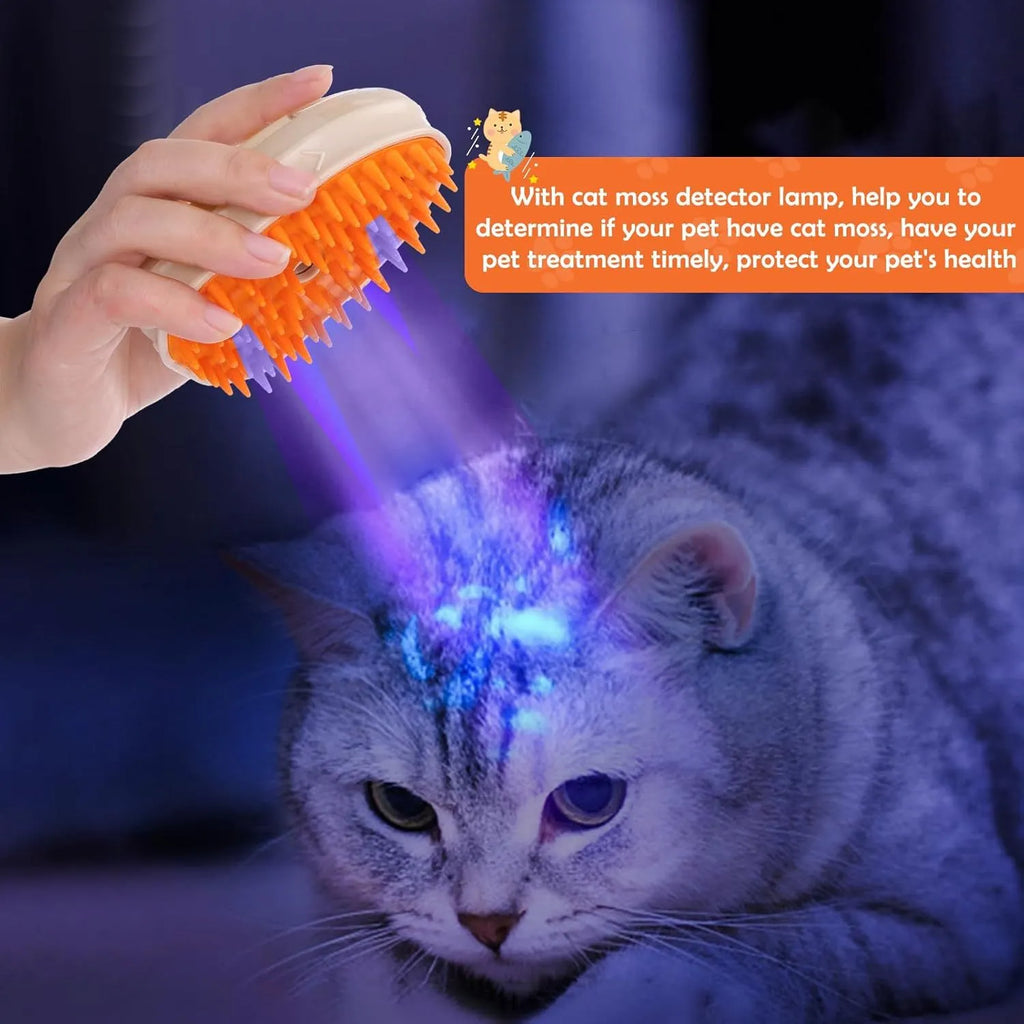 Yellow 4-in-1 cat steam brush with silicone teeth and ringworm detector for pet grooming