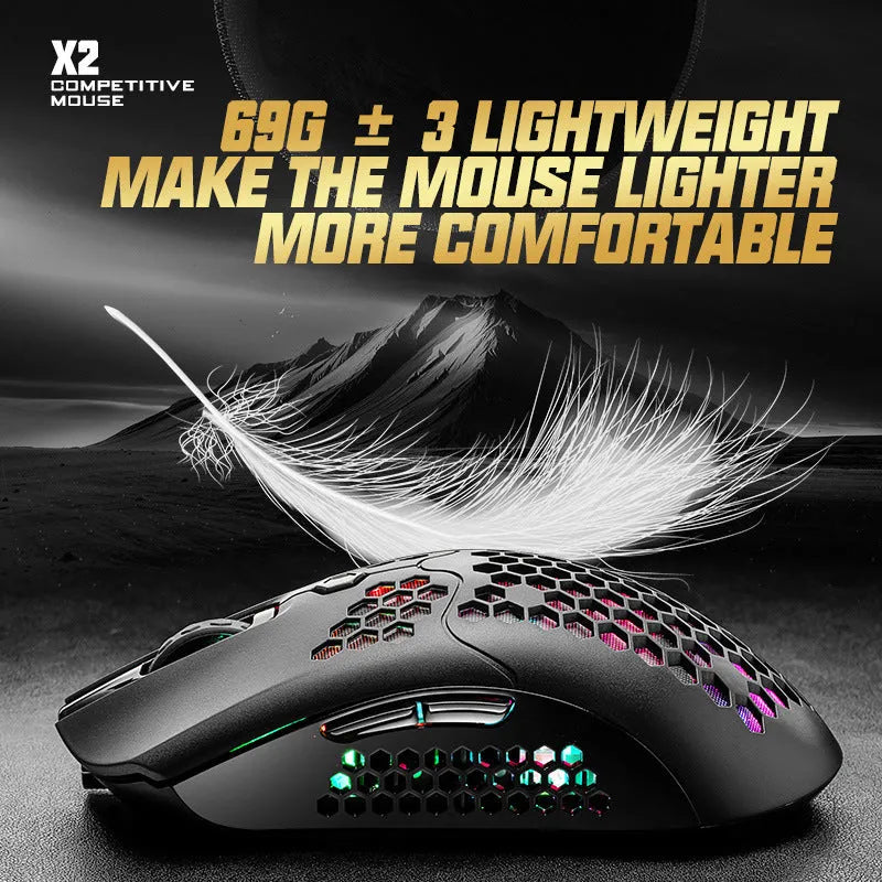 Free Wolf X2 wireless RGB gaming mouse with honeycomb shell in multiple colours on a desk.