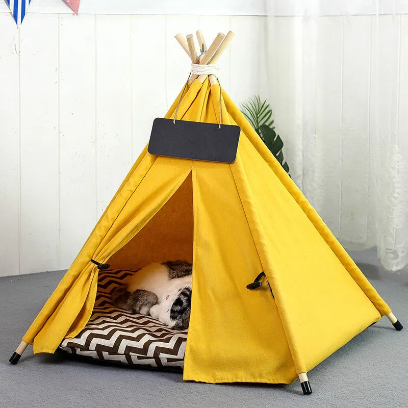 White striped linen teepee tent for small dog or cat with a removable cushion inside.