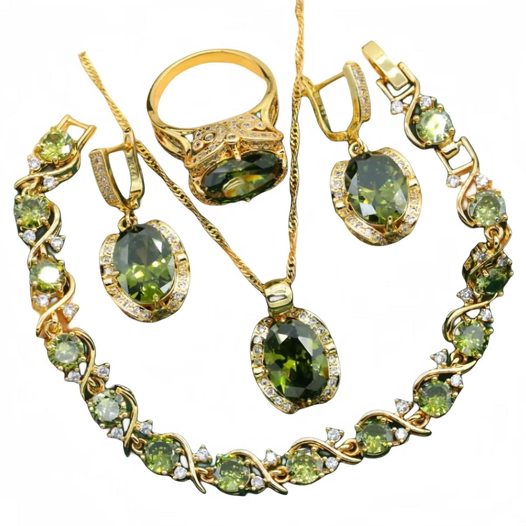 Olive green rhinestone jewellery set with necklace, earrings and ring featuring cross, crown and numeral designs.