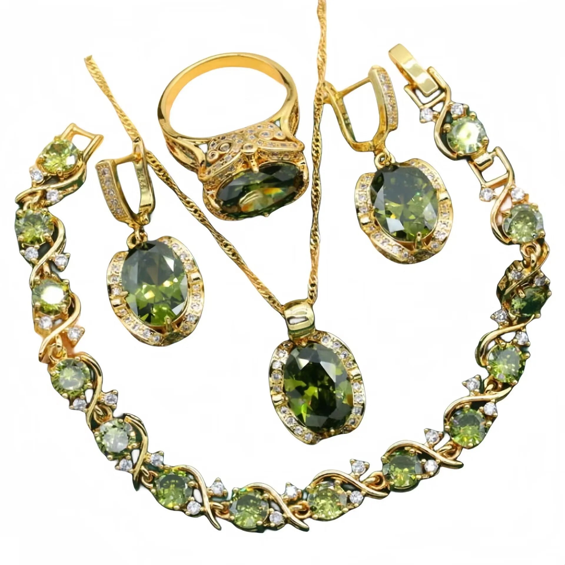 Olive green rhinestone jewellery set with necklace, earrings and ring featuring cross, crown and numeral designs.