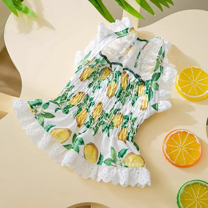 Rock yellow lemon polyester dog dress with thin strap skirt design shown on mannequin