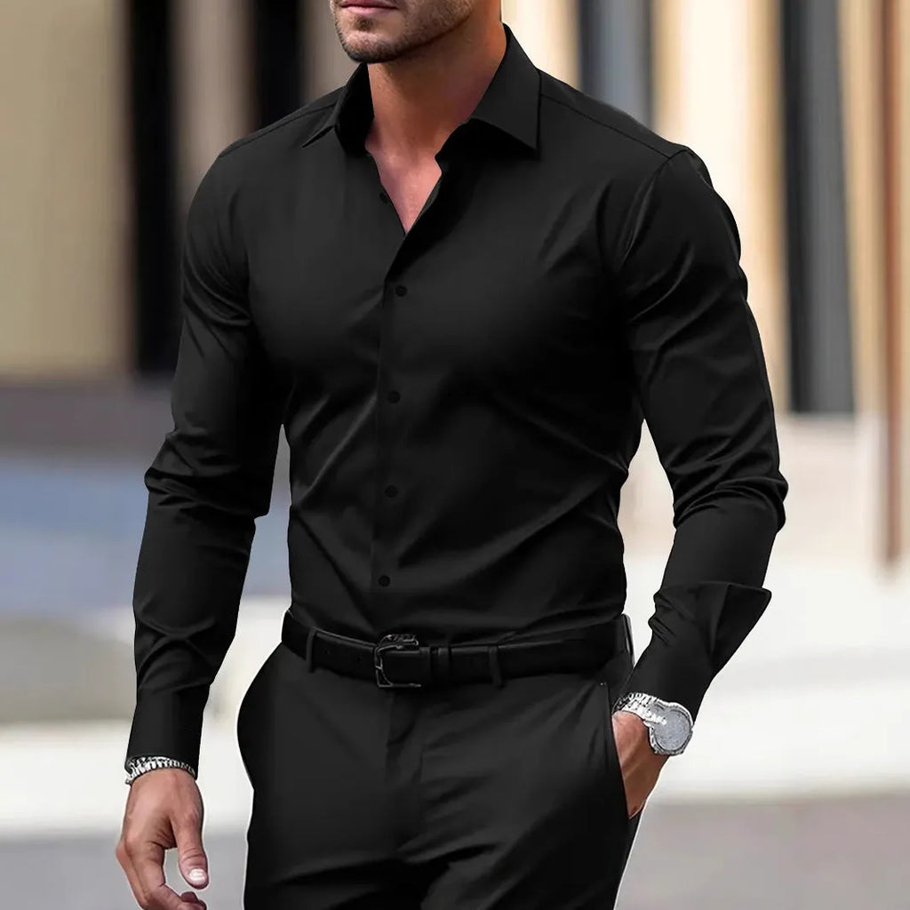 Men's solid colour velvet button-down shirt with long sleeves and lapel collar in navy blue