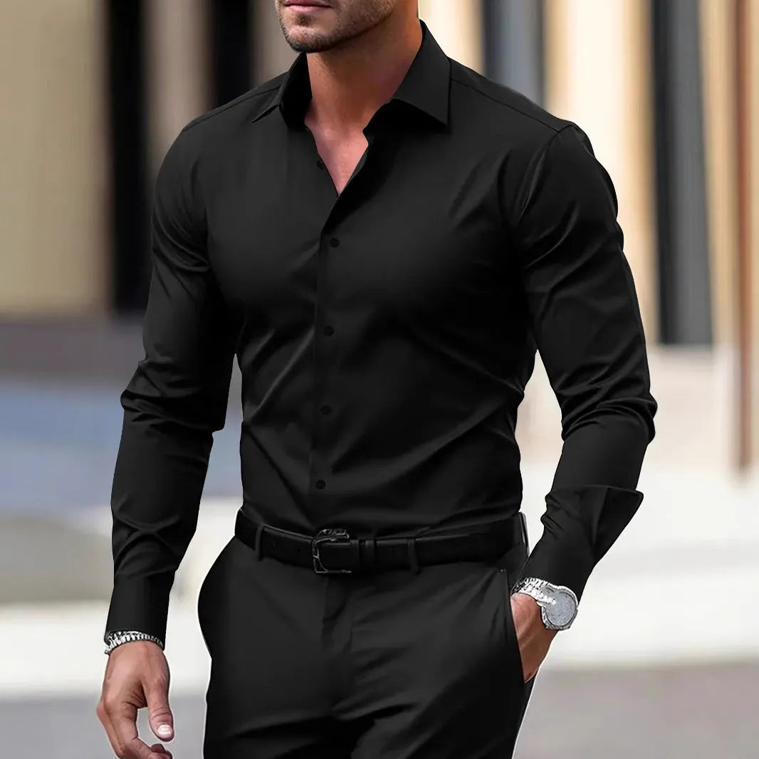 Men's solid colour velvet button-down shirt with long sleeves and lapel collar in navy blue