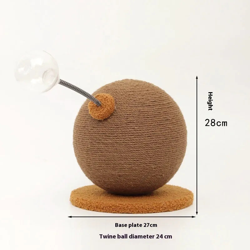 Natural hemp rope cat scratch board shown in large and small sizes with optional cat grasping ball and tumbler toys.
