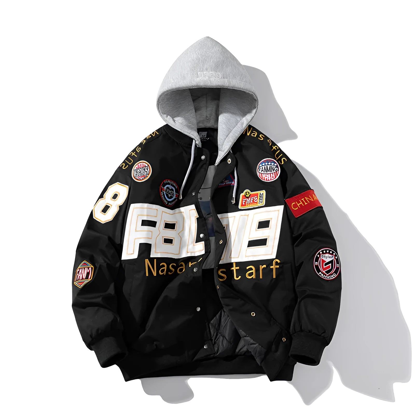 Black American motorcycle baseball jacket with removable hood and side pocket on a mannequin.