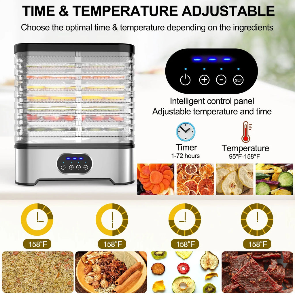 Silver 8-layer household food dehydrator with UK plug on a kitchen counter.