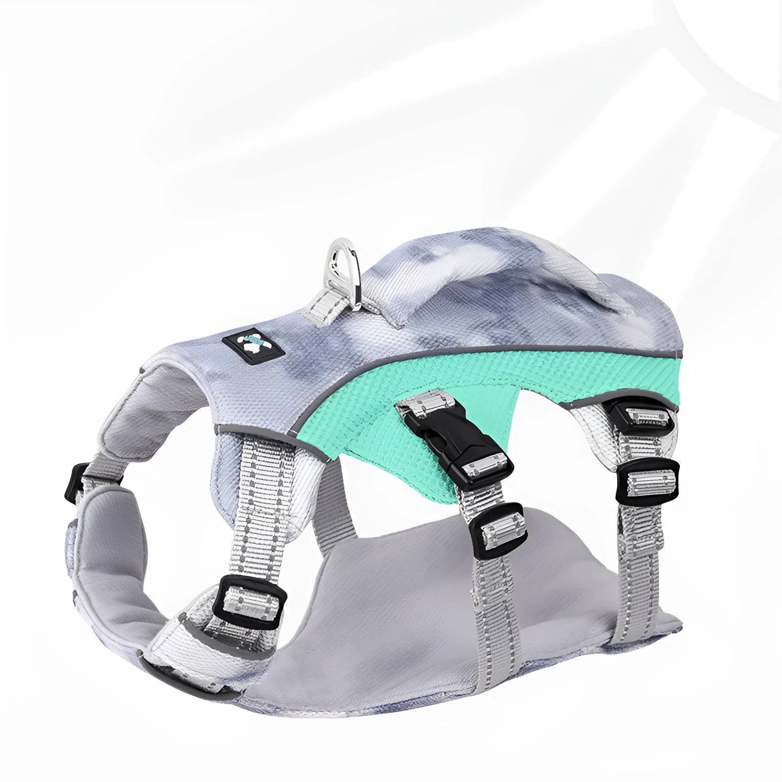 Reflective dog cooling chest strap in light blue, adjustable for walking safety