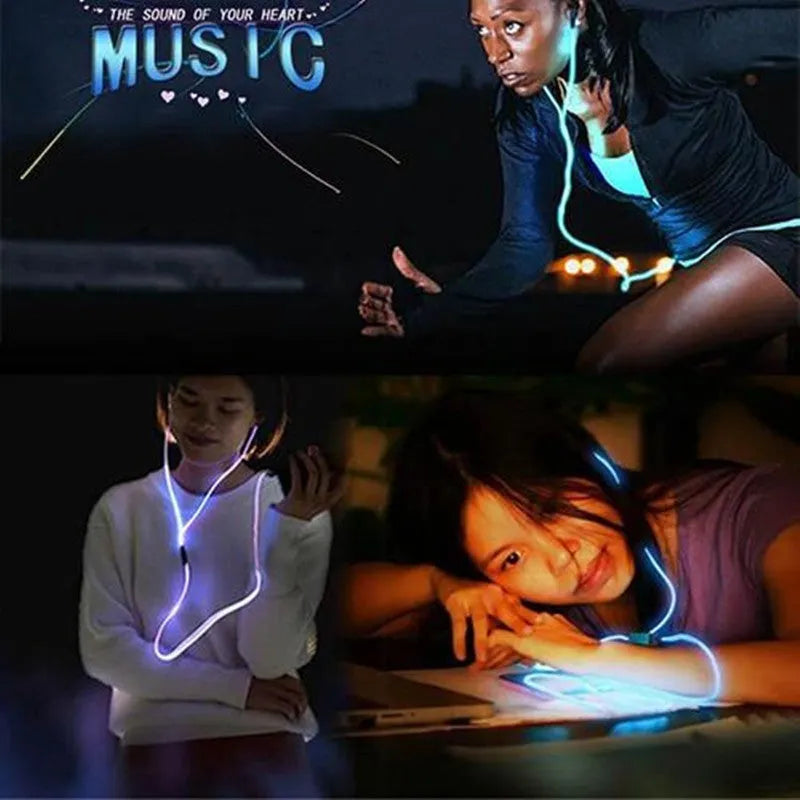 Blue Magic Light LED earphones with illuminated aluminium alloy shells showing EL light lines