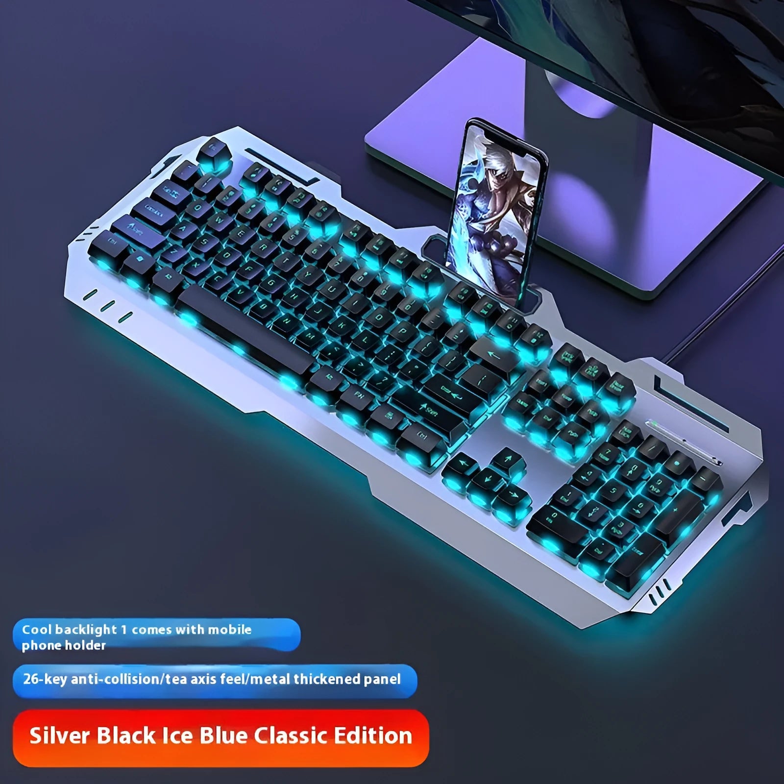 Aluminium mechanical-feel gaming keyboard with media control knob in metal grey finish