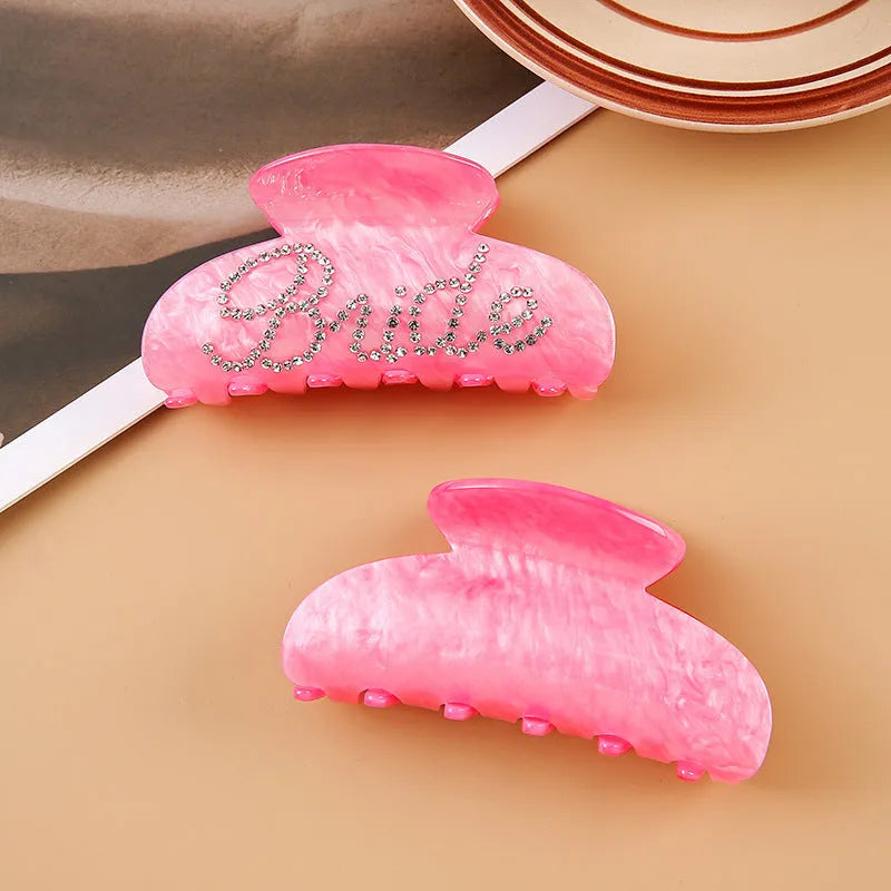 10cm pink acrylic barrette hair clip with multi-diamond shower shark design and English letters