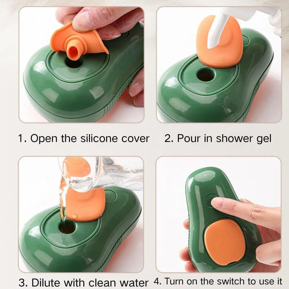 Green and white cat steam brush with silicone bristles showing water tank and compact 11cm design