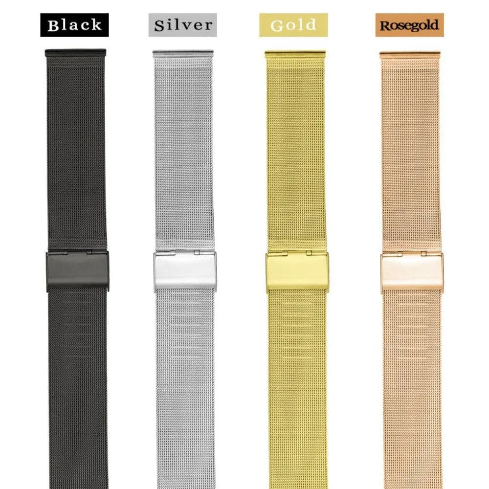 Milani Silk Woven Stainless Steel Watch Band in silver, showing the textured metal weave and buckle.