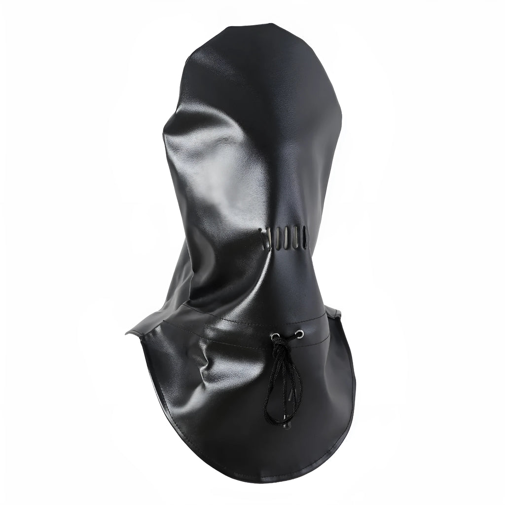 Black leather BDSM mask with adjustable headgear straps for adult training