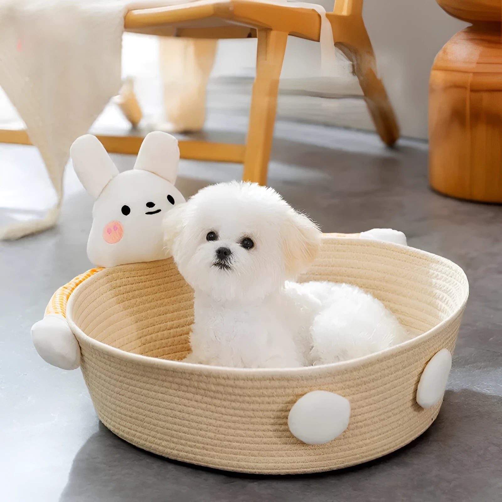 Cotton rope woven basket cat bed with integrated scratching surface, shown in bear design.