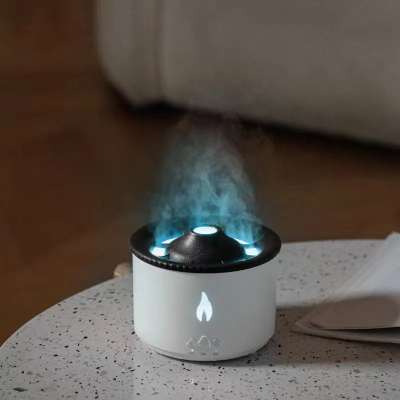 Ultrasonic aromatherapy diffuser with volcano flame lamp simulation, 350ml capacity, blue flame bead colour
