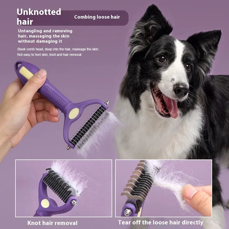 Purple double-sided plastic pet comb for detangling dog and cat fur knots