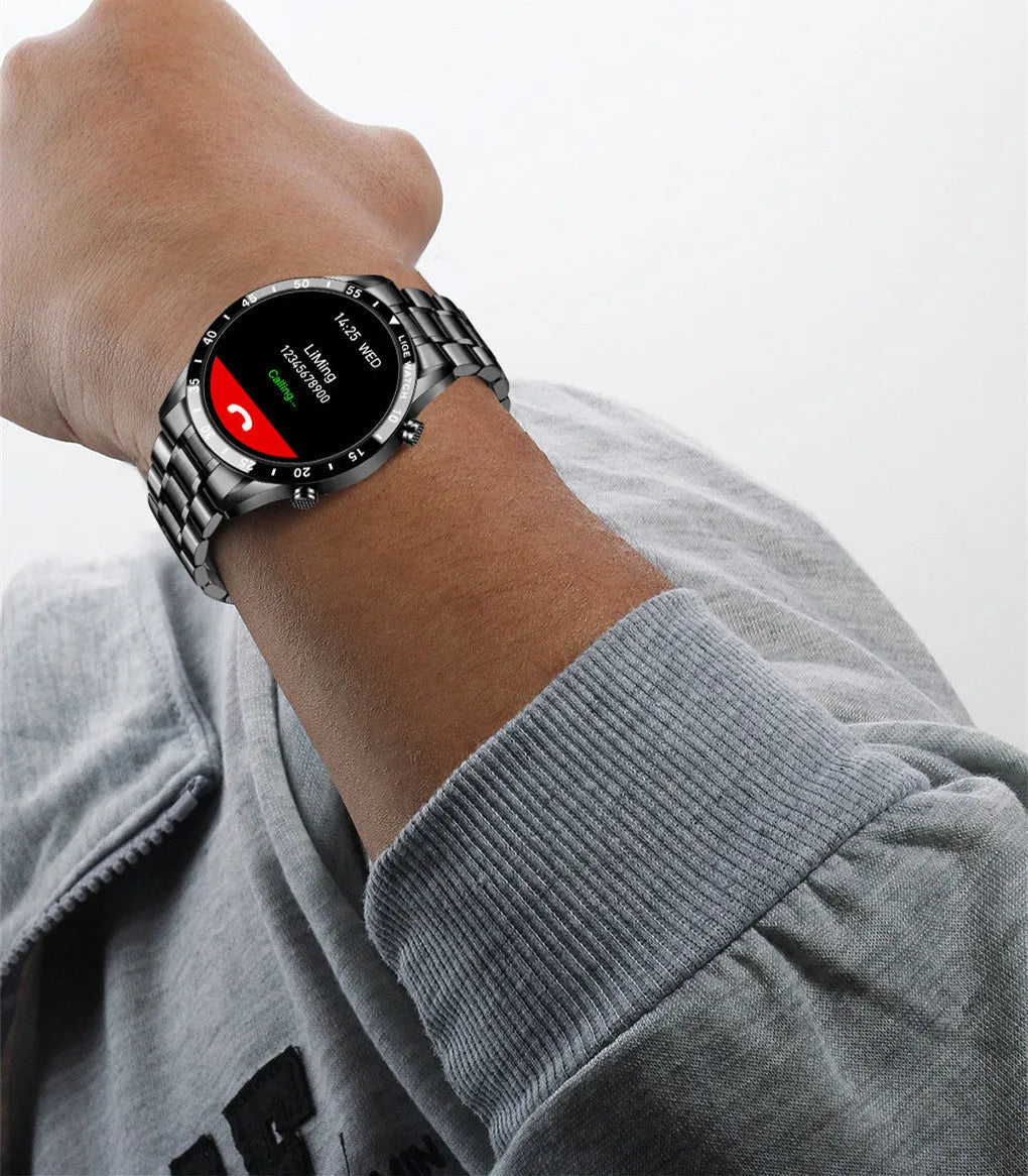 Smart watch with stainless steel wristband and 1.3-inch touch screen displaying step counter