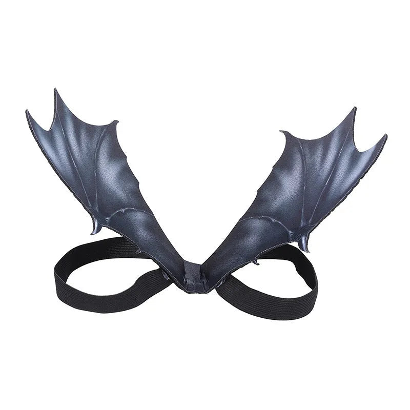 Black cloth bat wings pet costume for Halloween, showing three size options for cats and dogs