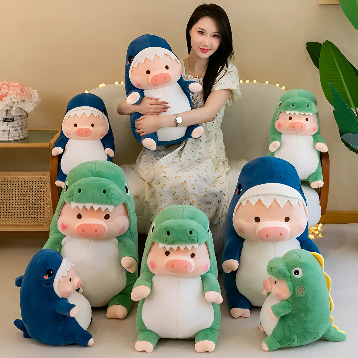 Adorkable Transformation Pig Plush Toy in Dinosaur Style with soft fabric, 33cm height