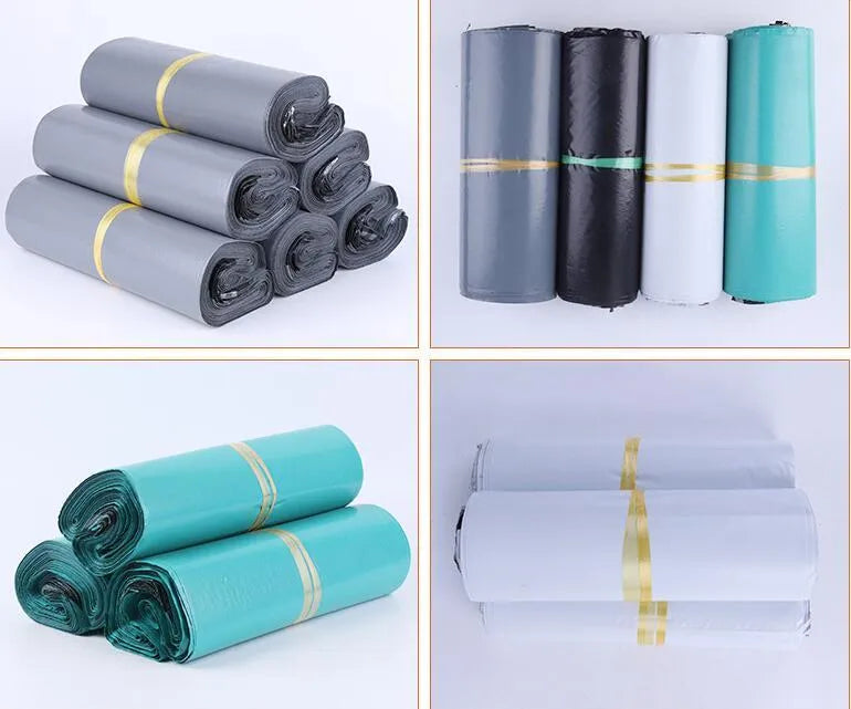 A pack of 100 clear PE courier bags for clothing with adhesive seals, shown in different sizes and colours.