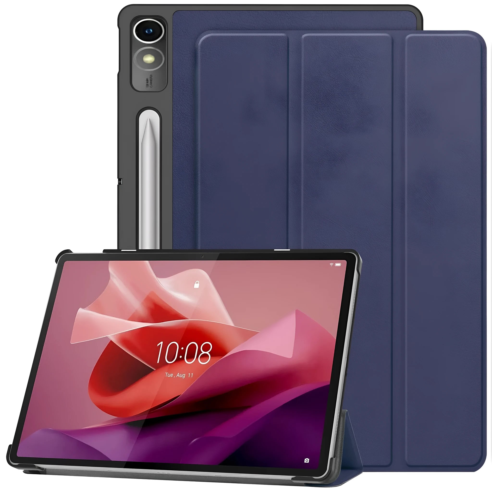 Lenovo Tab P12 tablet case showing three-fold design with bracket and magnetic closure in decorative colour options