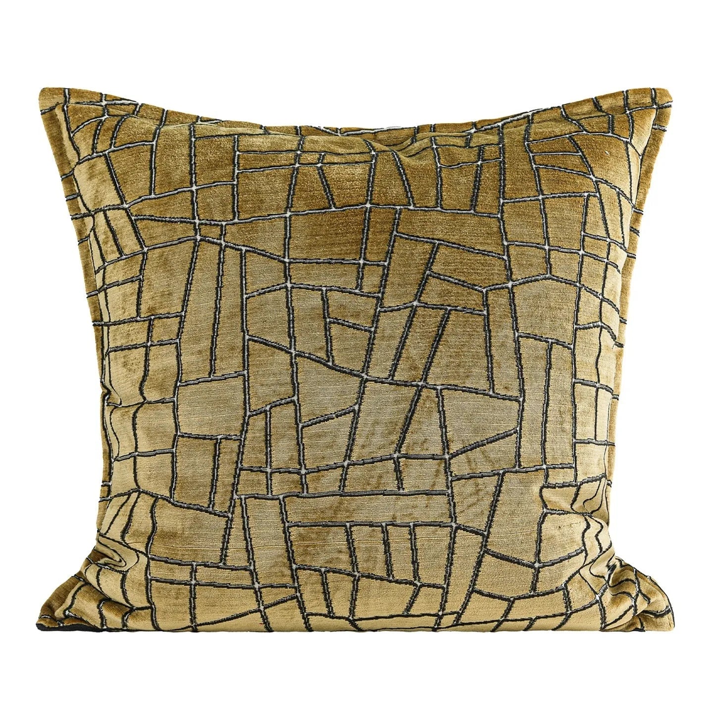 Geometric abstract patterned cushion in local tyrant gold colour, shown in square and lumbar pillow sizes.