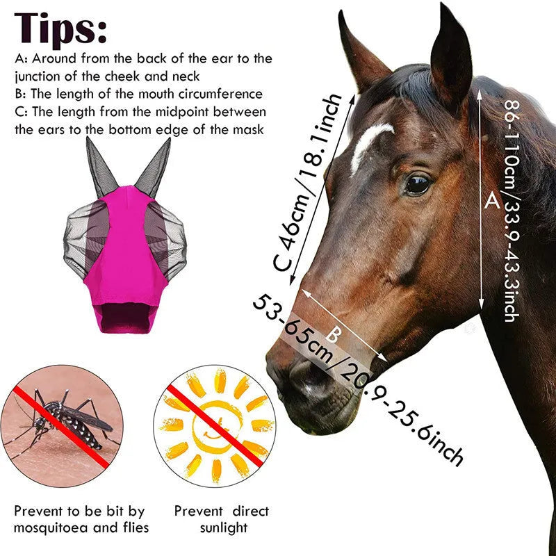 Lycra horse fly mask with ears in a check pattern, available in black blue grey purple rose red, for trail and pasture use.