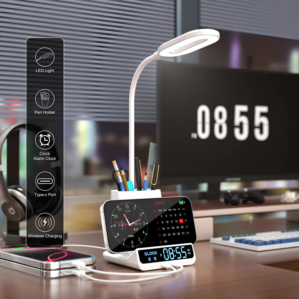 Modern wireless charging desk lamp with integrated pen holder storage compartments in black colour