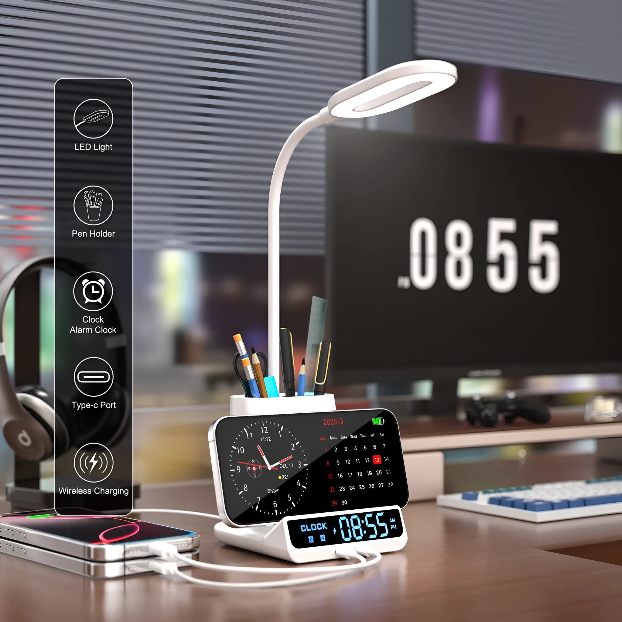 Modern wireless charging desk lamp with integrated pen holder storage compartments in black colour
