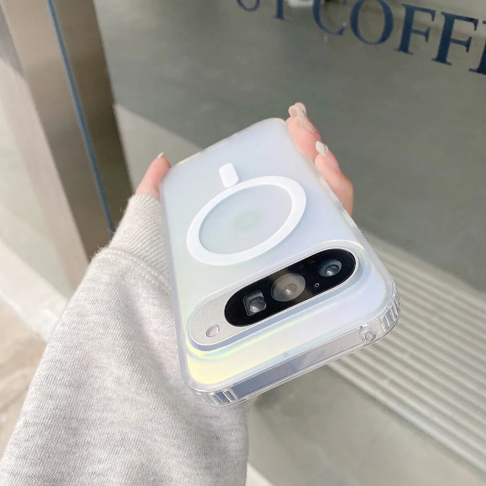 Transparent laser frosted matte phone case for Google smartphones on a flat surface.