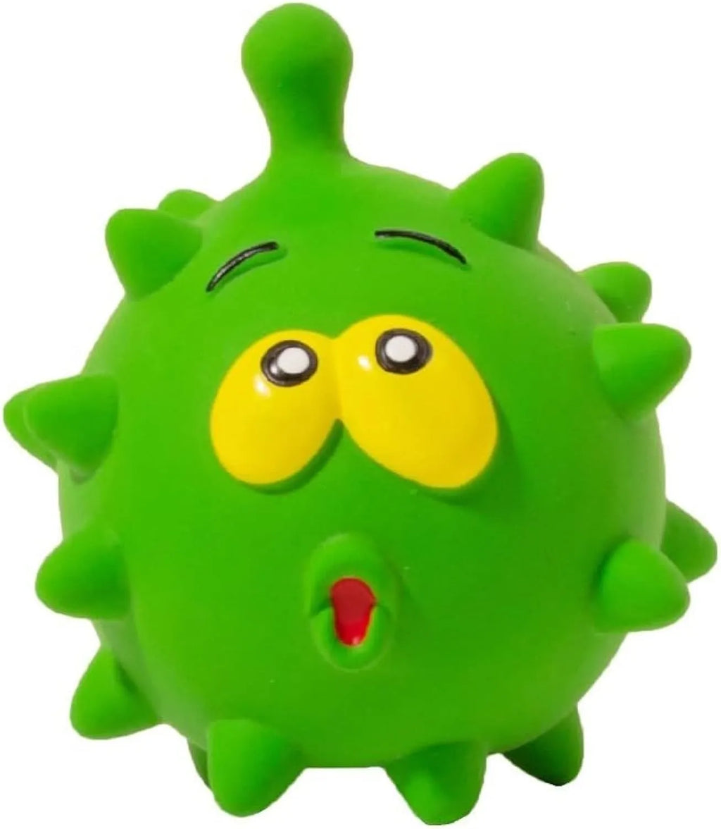 Four colourful squeaky dog balls with cute faces on textured natural latex rubber surfaces